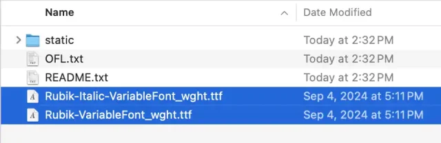 screenshot showing TTF files from the ZIP we downloaded